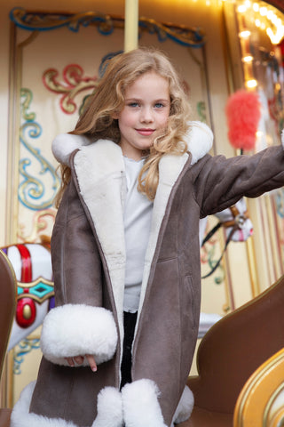 Luxurious Light Grey Sheepskin Coat for Girls – Below Knee Length