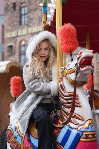 Cream & Grey Sheepskin Jacket for Girls – Knee-Length