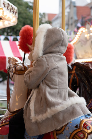 Cream & Grey Sheepskin Jacket for Girls – Knee-Length