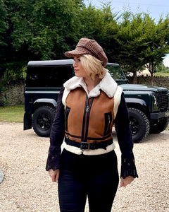 Aviator Style Sheepskin Gilet – Camel & Cream Shearling with Belt Detail