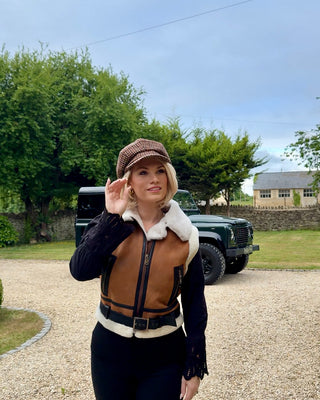 Aviator Style Sheepskin Gilet – Camel & Cream Shearling with Belt Detail